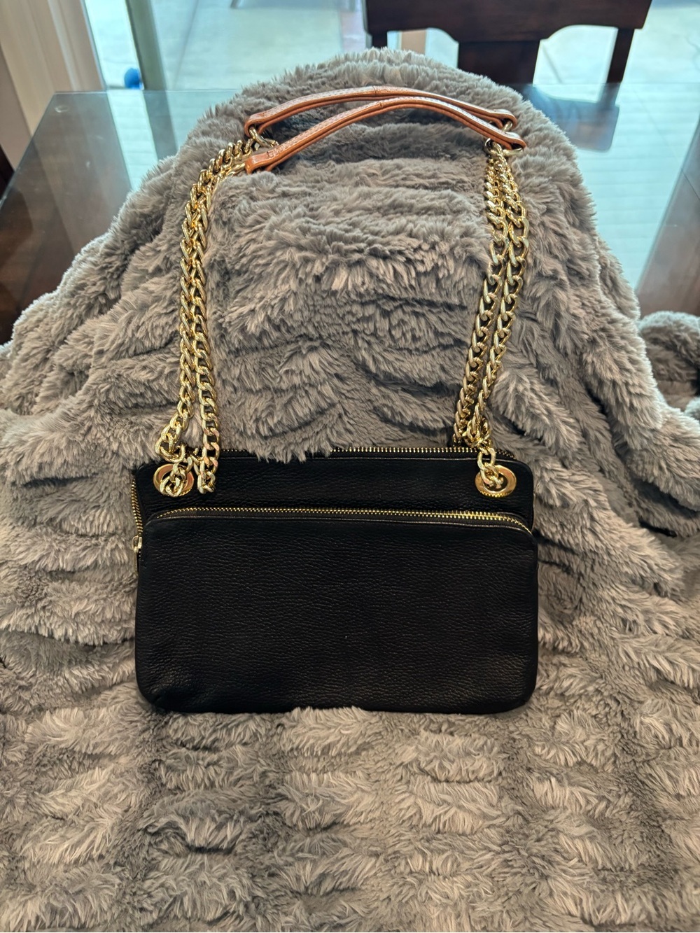Valentina Black Leather Crossbody Bag with Gold Chain